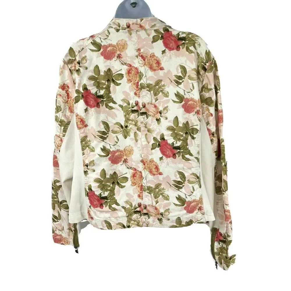 Lane Bryant Plus Size 20 Floral Moto Jacket Full Zip Pockets Ivory‎ Green